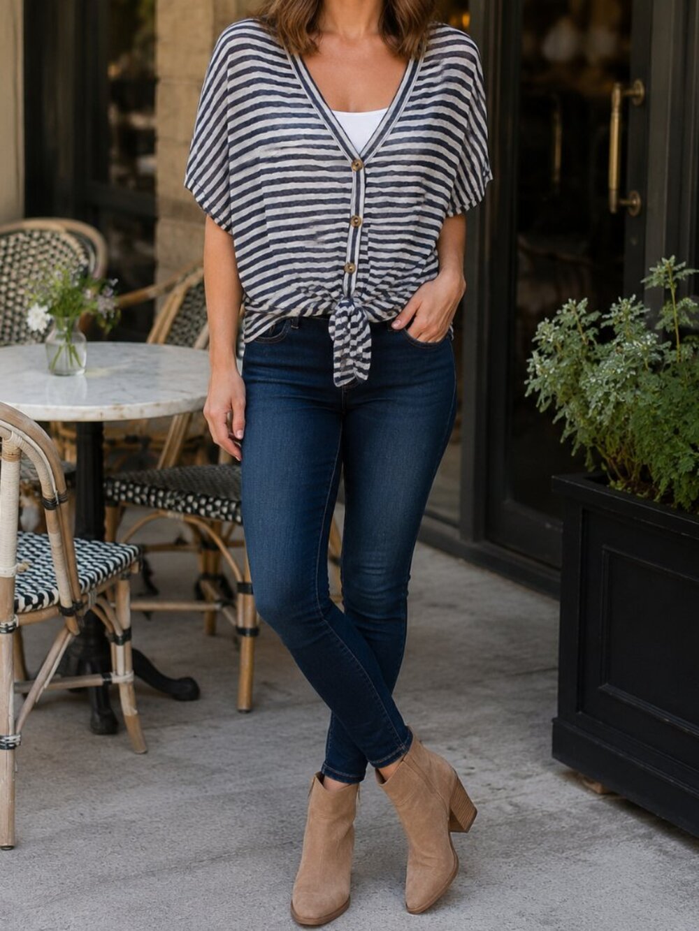 a.n.a. Navy White Striped Tie Front Dolman Top Women’s Large Oversized